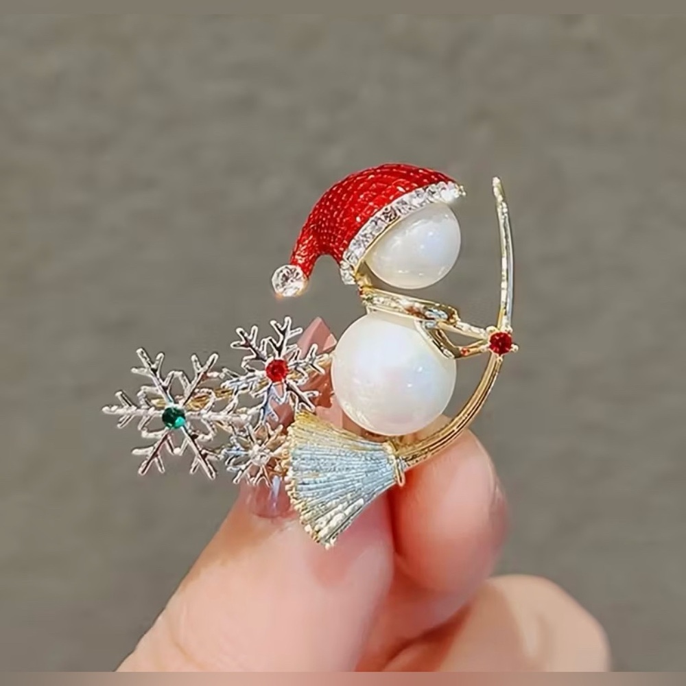 Snowman Broom Christmas Brooch Pin Modern New